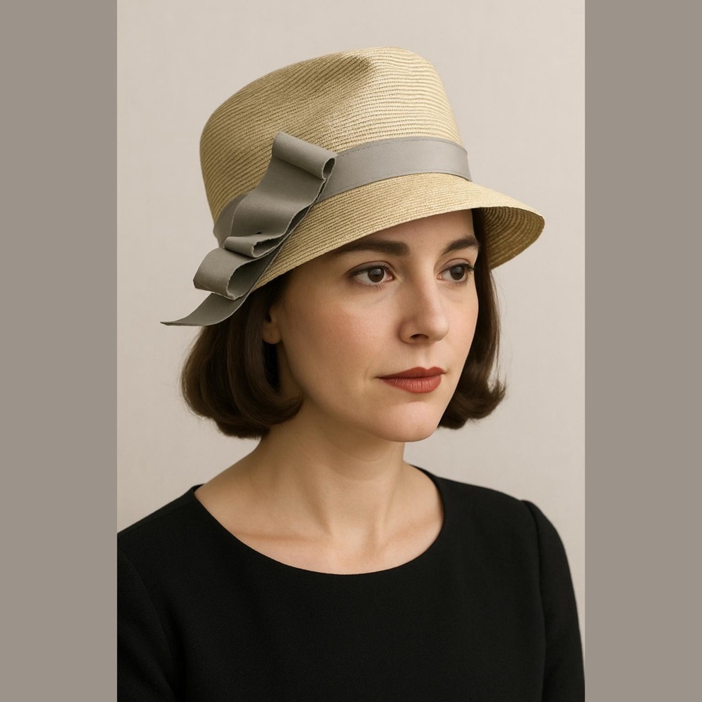 50s HYDE PARK CREAM GRAY & METALLIC SILVER MCM RETRO BRETON STYLE HAT